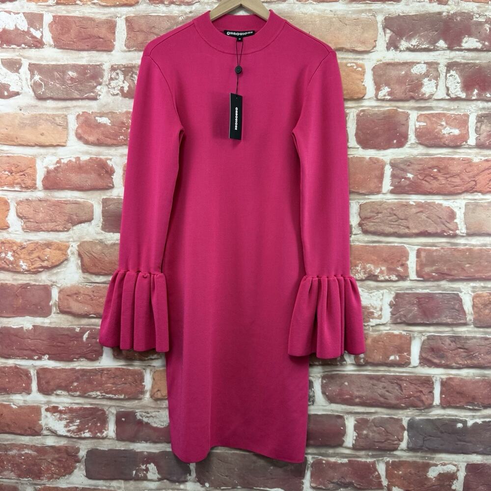 Chaouiche Dress Women's M Pink Ponte Knit Mock Neck Stretchy Long Bell Sleeves